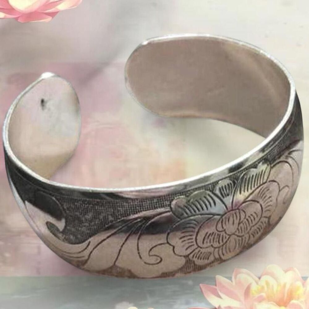 antique style silver plated lotus adjustable cuff bracelet